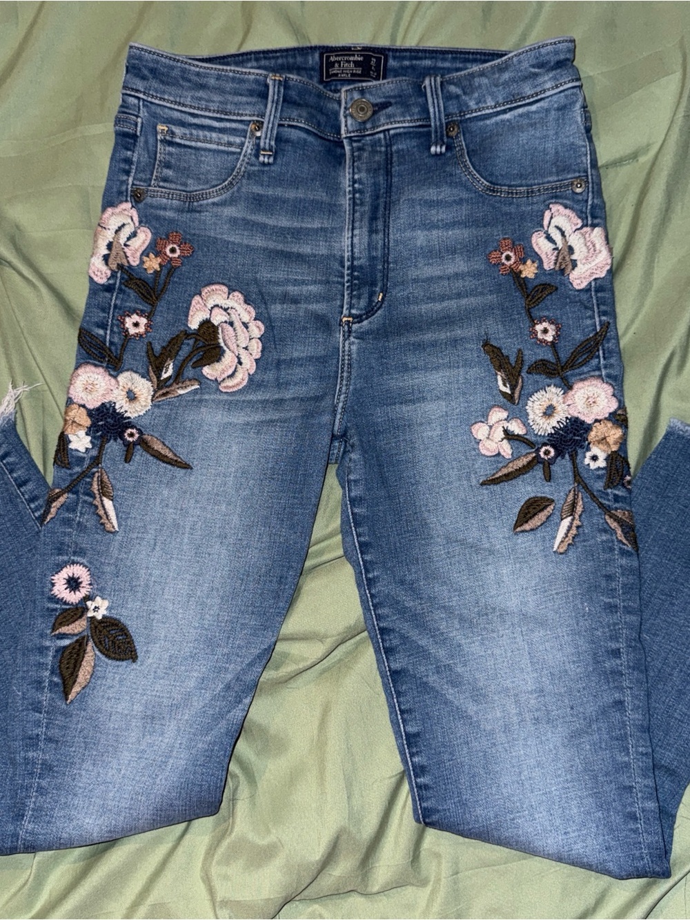 abercrombie kids Blue Denim Skinny Jeans with Pink Floral Embroidery